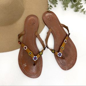 Tory Burch Brown Sandals with Colorful Floral Accents